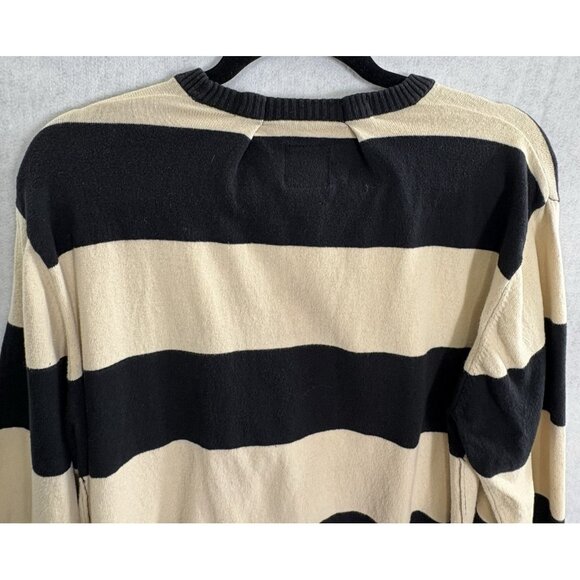 ATTICUS Women Pullover Sweater Crew Neck Striped Pocket Sz L Black Tan 94-8 - Picture 4 of 12